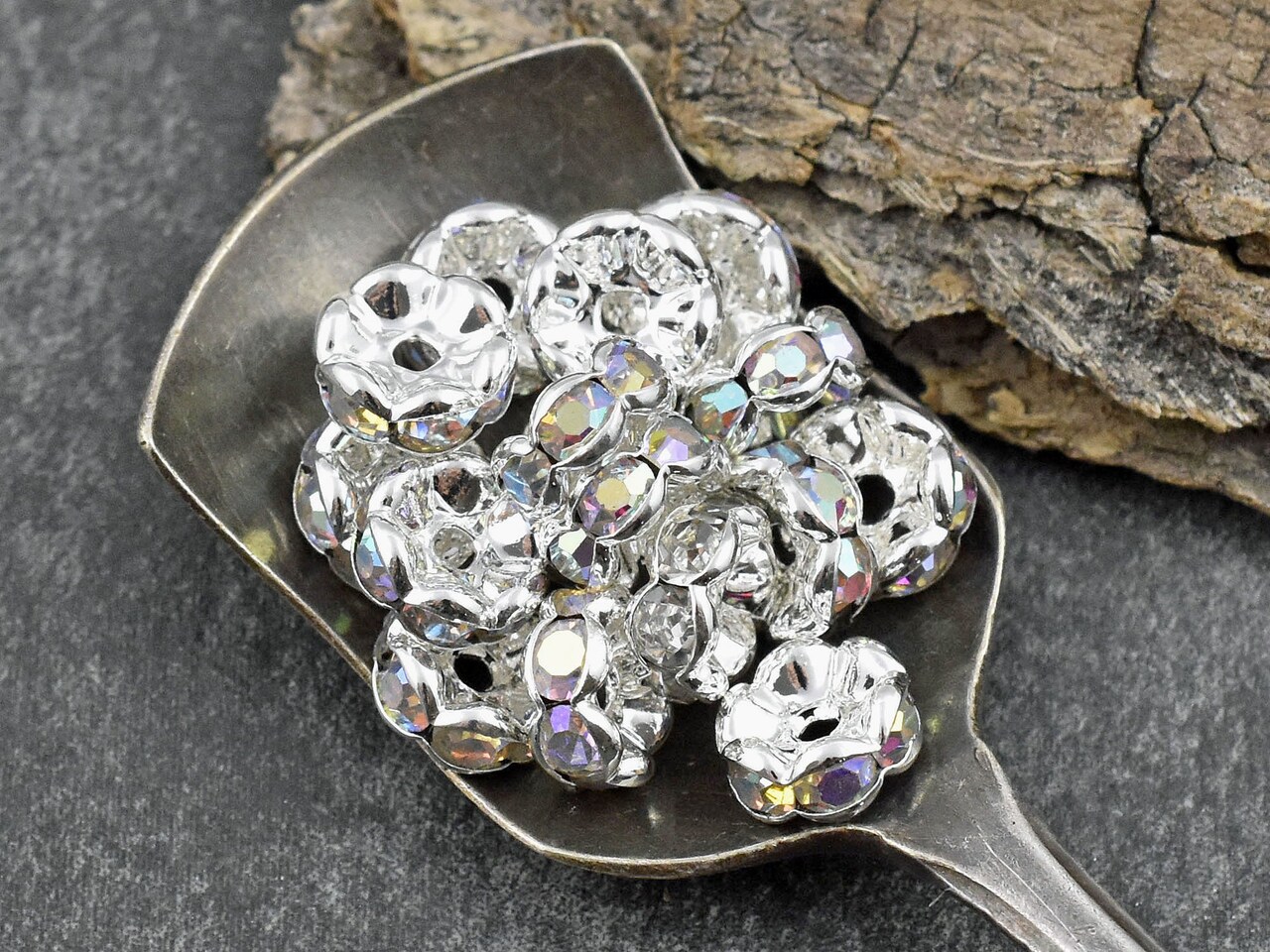 Silver w/ Crystal AB Rhinestone Wavy Edge Rondelle Spacer Beads